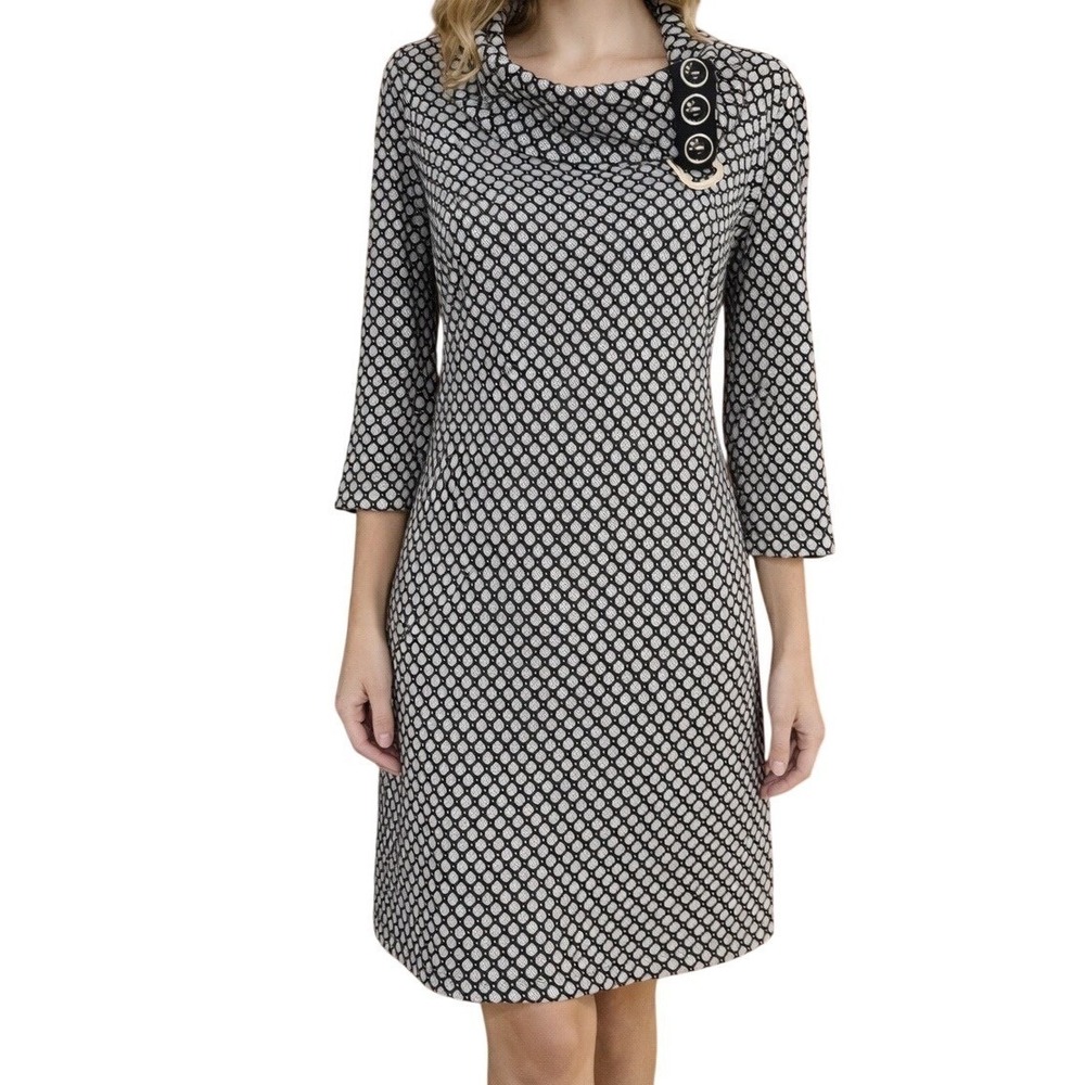 Joseph Ribkoff Black White Dress Sz. 8 Stretch 3/4 Sleeve Career Packable Office